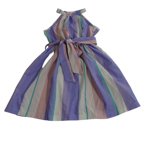 Shein Striped Dress Tie Belted Waist Girls Size 110 4-5 Yrs Purple Pink Keyhole - Picture 1 of 11